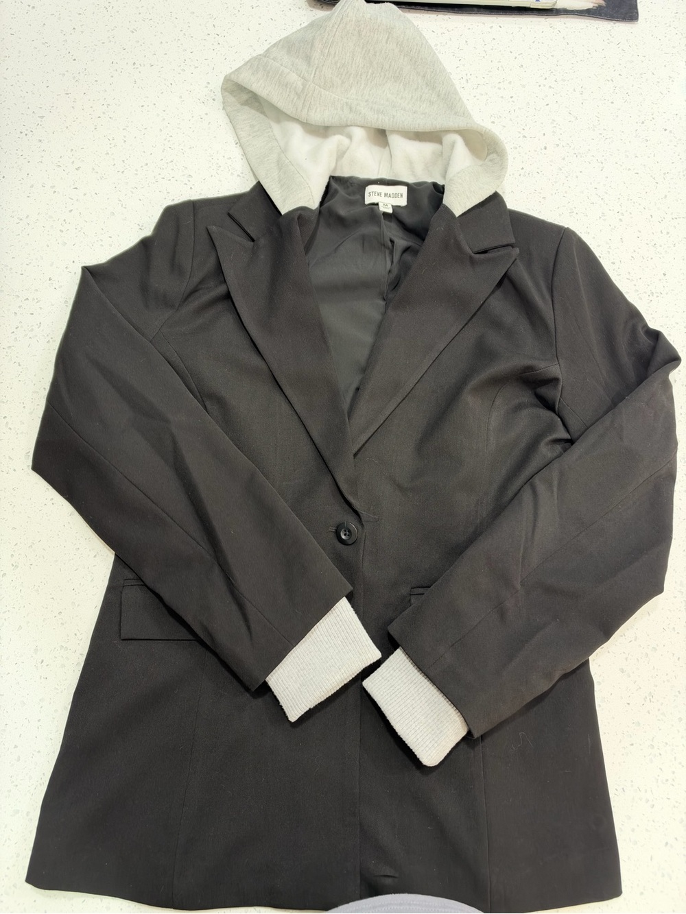 Steve Madden Black Hooded Blazer Jacket Gray Hoodie Detail Size M